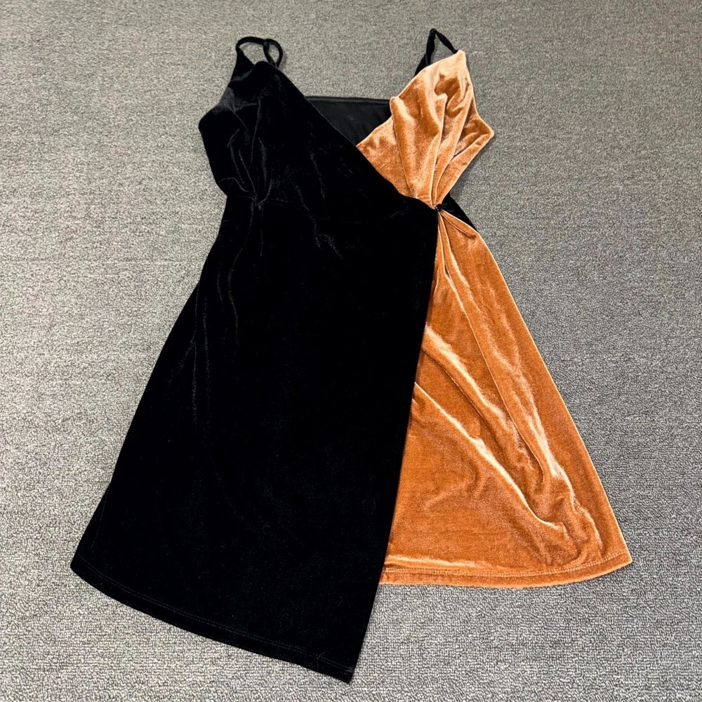 Womens Velvet Wrap Dress Size Medium Black Brown Colorblock Whimsygoth Boho Fall